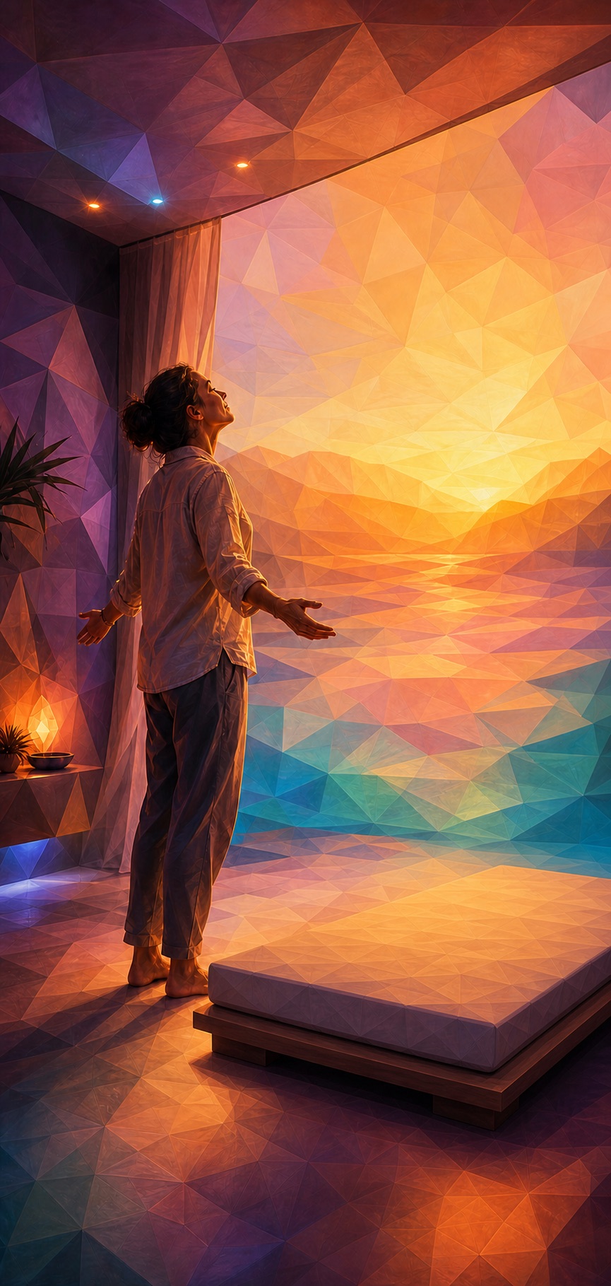 Guest standing with arms open beside a flat treatment bed after a Quantum session at the Denver Zen Den