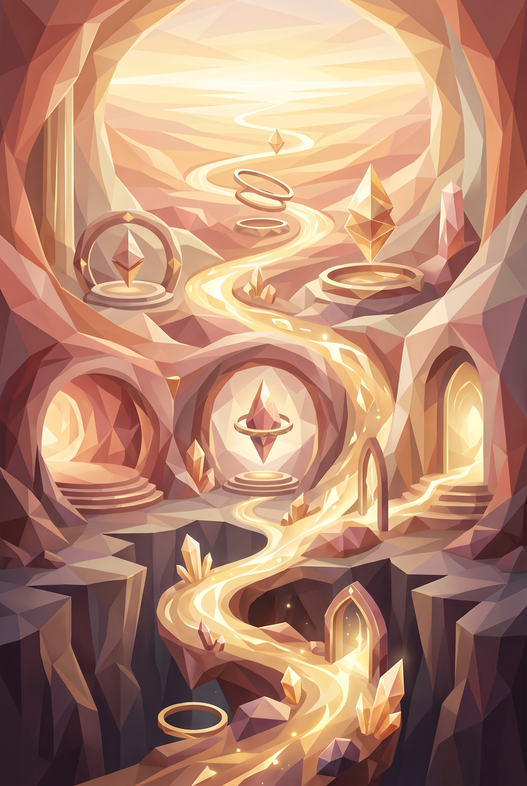 An illuminated path rising through changing chambers toward a radiant horizon